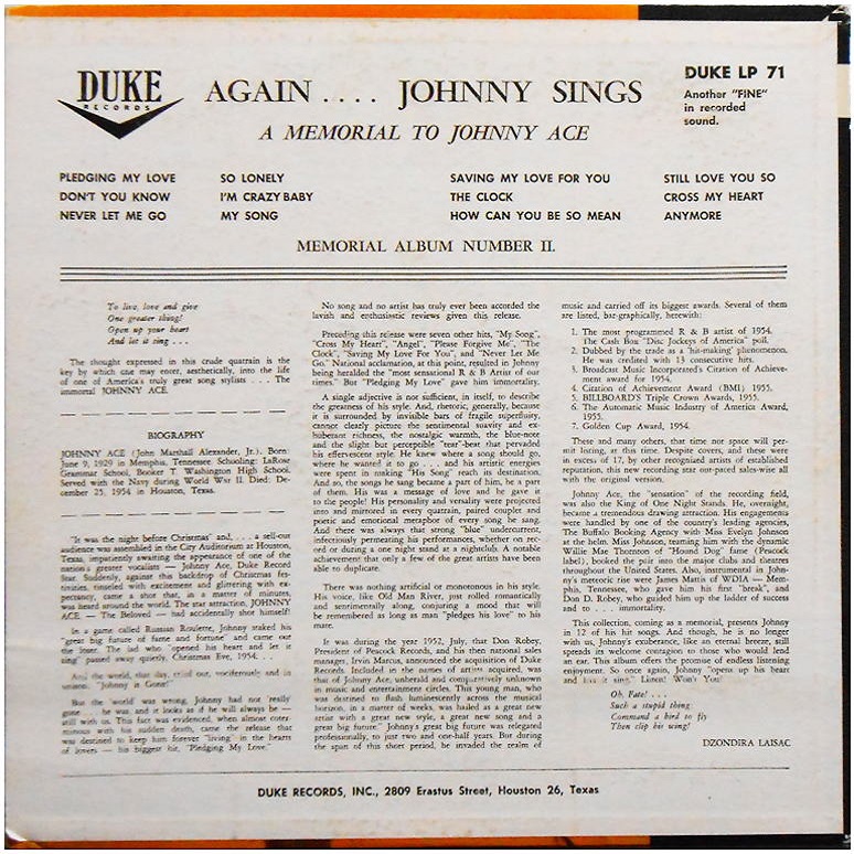 DLP-71 - Memorial Album For Johnny Ace Back Cover