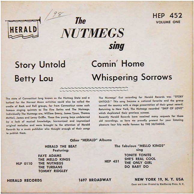 HEP 452 - The Nutmegs Back Cover 