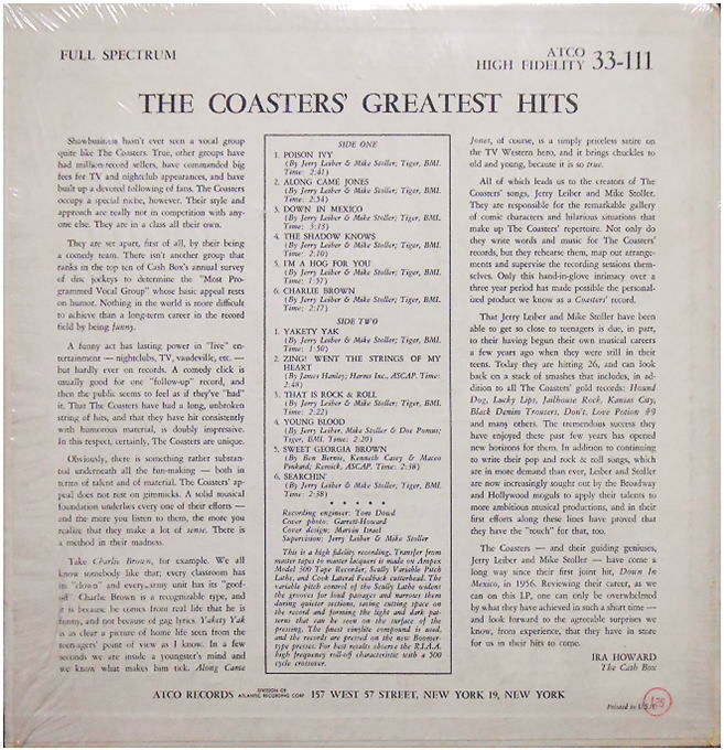 Atco 33-111 - The Coasters' Greatest Hits Back Cover