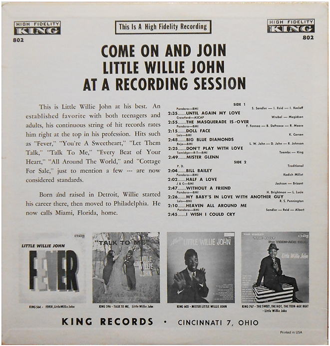 King 802 - Come On and Join Little Willie John At A Recording Session Back Cover