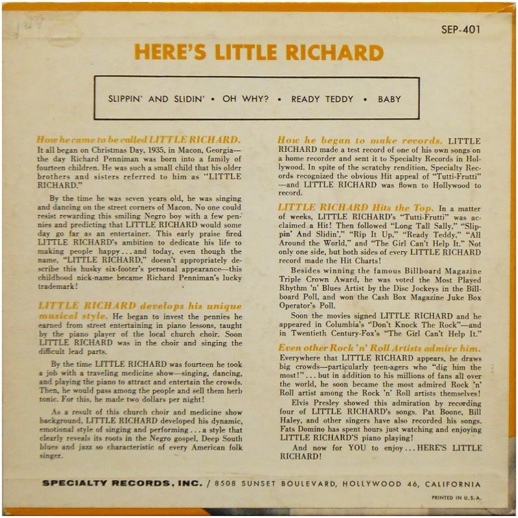 SEP-401 - Here's Little Richard Back Cover