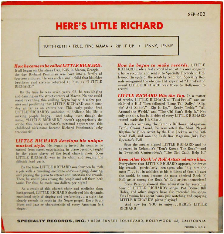 SEP-402 - Here's Little Richard Back Cover