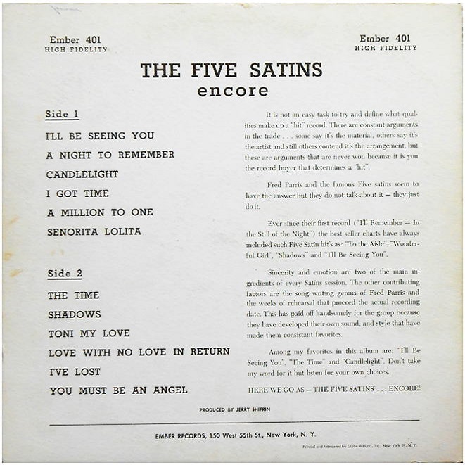 ELP-401 - The Five Satins Encore Volume 2 Back Cover