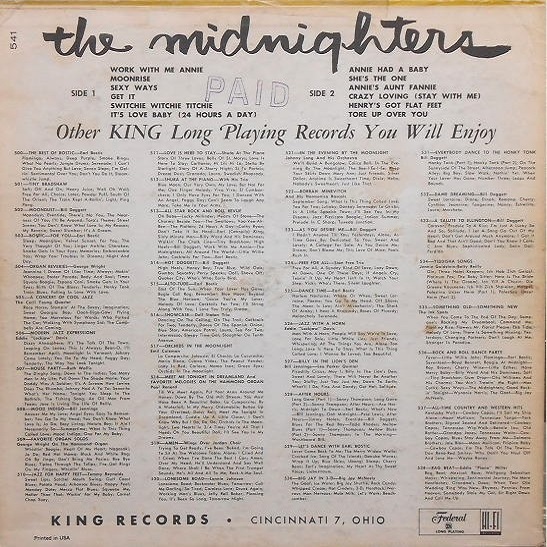 Federal 541 - The Midnighters Their Greatest Hits Back Cover