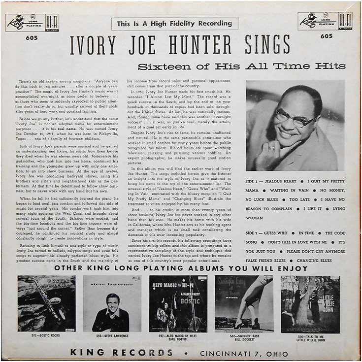 King 605 - Ivory Joe Hunter Sings Back Cover